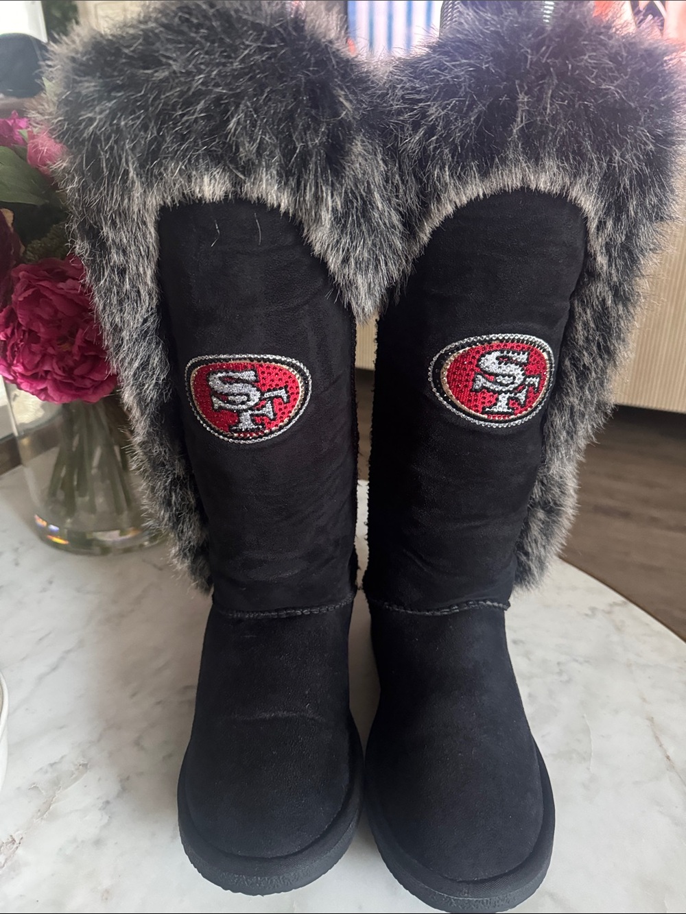San Francisco 49ers Faux Fur Black Suede Winter Boots